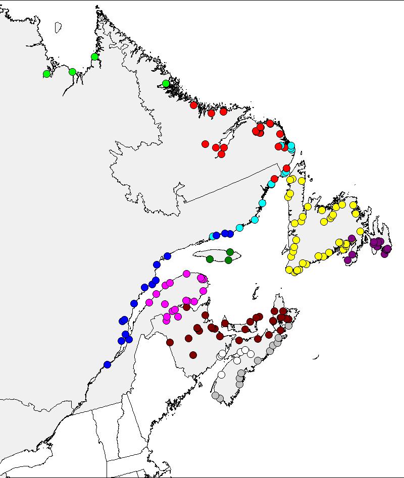 Figure 5. Map of sample locations used in the microsatellite baseline development for Atlantic salmon in North America and the regional groups resolved from the baseline. See Bradbury et al.