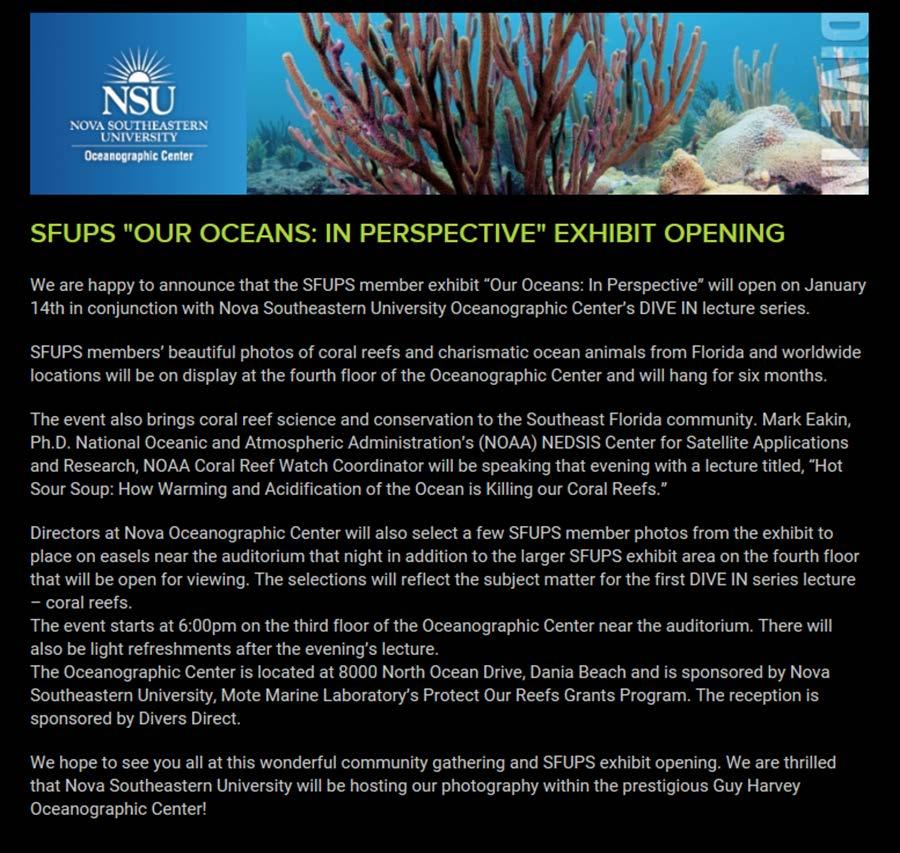 Figure 6. Webpage advertising the SFUPS photography exhibit opening and the Dive In lecture on January 14th, 2015. 3.6. Dixie Divers Dixie Divers located at 455 South Federal Hwy.