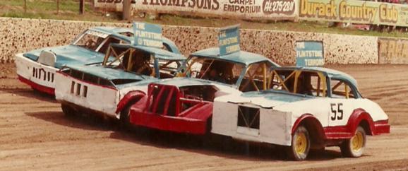 Here are four Stock Cars from the past: They are the Four Cars owned by Des Stone about to get up to some tricks at Archerfield Speedway one Sunday afternoon.