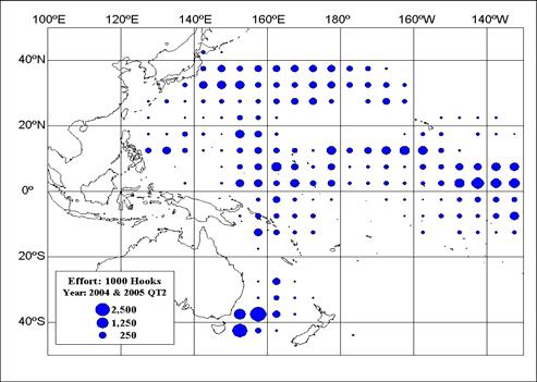 Fig. 3. Quarterly distribution of fishing effort for the Japanese offshore and distant water longline fisheries in the western and central Pacific Ocean in average of 2004-2005. Fig. 4.