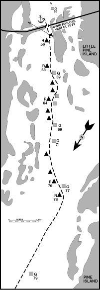 Minimum Approach Depth: 7 ft. Depth In : 6-10 ft. (use Chart 11426 for navigation) 12.7 statute miles 37. Pine Island Matlacha Lat/Lon: 26 37.892 North/082 03.
