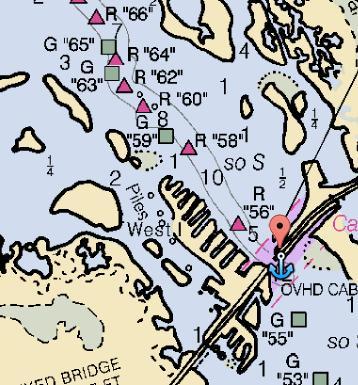 sufficient swinging room for vessels as large as 34 feet Shelter: fair, open to southern winds Beginning off Jug Creek Shoal at the north end of Pine Island, then curving from the west around the