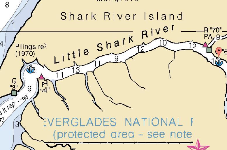 There is plenty of water in Little Shark River, but not near the southeast bank at low tide. G 3 and R 4, the anchor was in ~7 feet of water at high tide.