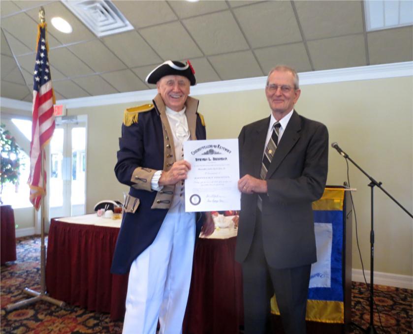 New member recruitment: 23 At the November 8 th meeting of the Withlacoochee Chapter, Roger Owen, on behalf of the Honorable Order of Kentucky Colonels presented SAR Past President Charles Day with a