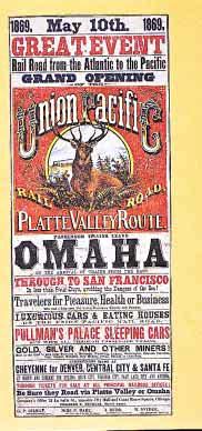 In February 1863 the Central Pacific began building east from Sacramento, California. At the end of the year, the Union Pacific started building west from Omaha, Nebraska.
