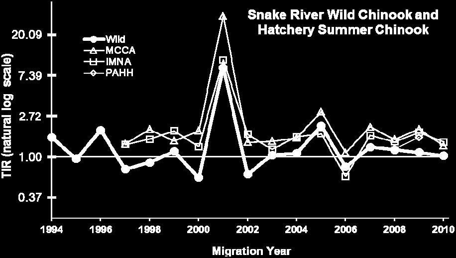 The years with the later start of transportation are highlighted. TIR calculation for 001 and 00 differs from other years as in-river SAR component of ratio includes C 1 fish (see methods).