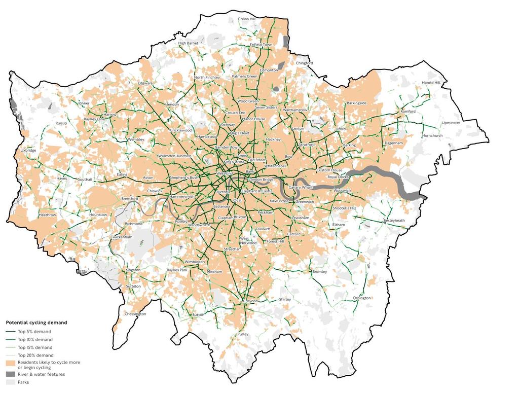 Figure 2.2 shows the top 20 per cent of busiest connections for potential cycling demand, subdivided into four categories. Figure 2.