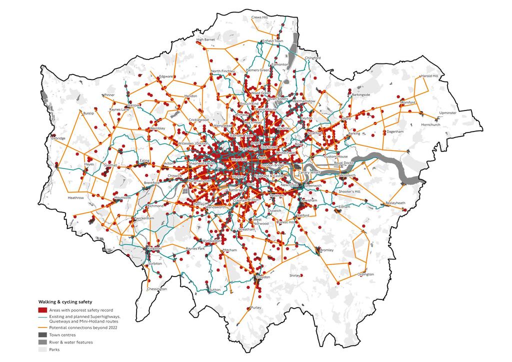 Figure 3.2 shows where the potential connections identified by the SCA could contribute to addressing walking and cycling safety. Figure 3.