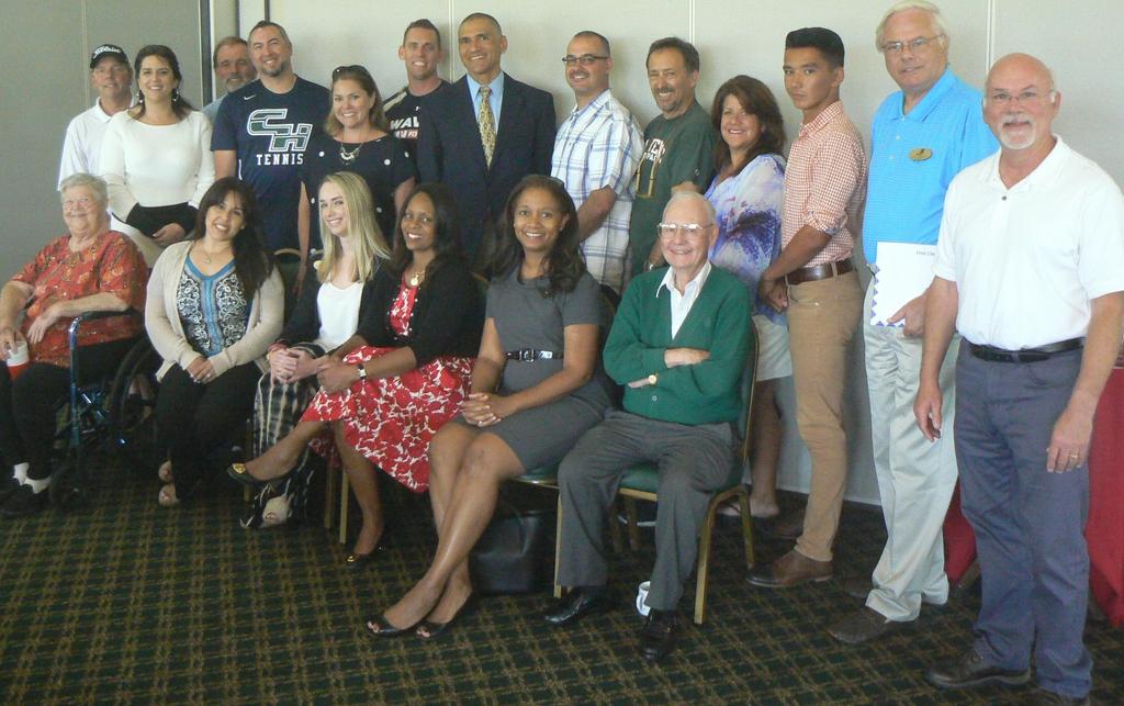 Among those attending the golf and tennis program check presentation at Jack Kramer s Los Serranos Country Club in Chino Hills are (front row, from left) Judy Rogers of Caring for the Hills; Joanna