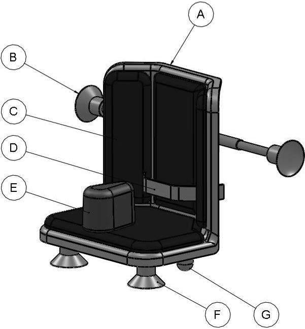 2.0 ILLUSTRATION OF YOUR CHAIR A. Seat B. Telescopic back rail C. Cushions D. Lap strap E. Pommel F. Base suction pads G. Base supports 2.
