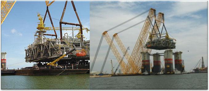 2.2 Inshore Integration 57 Fig. 2.30 The left photo shows the Ursa hull being transported from Italy to the integration site offshore Venezuela on barge H-851.