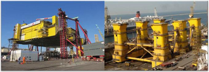 43, the eight (8) SMLTs (Sarens Modular Lifting Tower) were erected in place in the drydock. The topsides was already lifted up by the gantry lifting system.