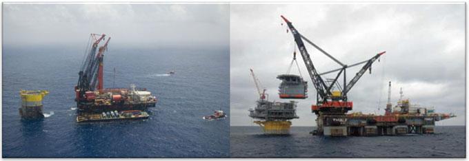 74 2 Platform Integration and Stationing Fig. 2.50 In early 2009 HMC installed the integrated topsides of the Perdido with a 9773 ton single lift by their SSCV Thialf, a record for the US part of the GOM.
