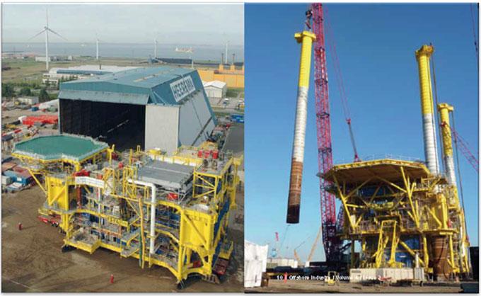 10 On the left, the fabrication of the 4000 t topsides is completed and moved out from the fabrication hall and ready for the leg installation; on the right shown the installation of the legs by the