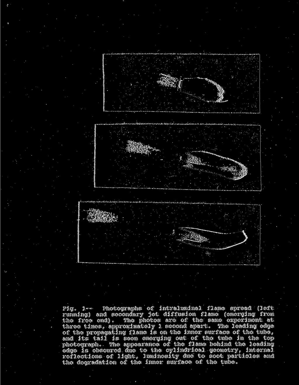 Fig. 1 Photogrphs of intrluminl flme spred (left running) nd secondry jet diffusion flme (emerging from the free end). The photos re of the sme experiment t three times, pproximtely 1 second prt.