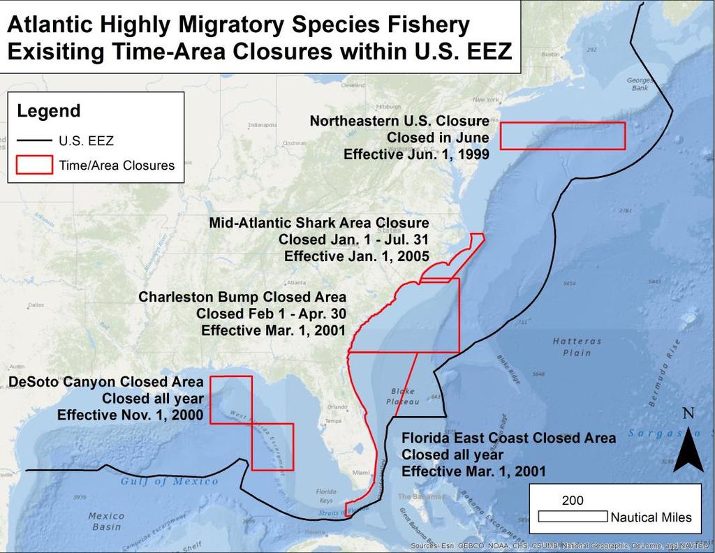 Figure 2: The five existing time-area closures for the Atlantic HMS fishery in the U.S. EEZ.