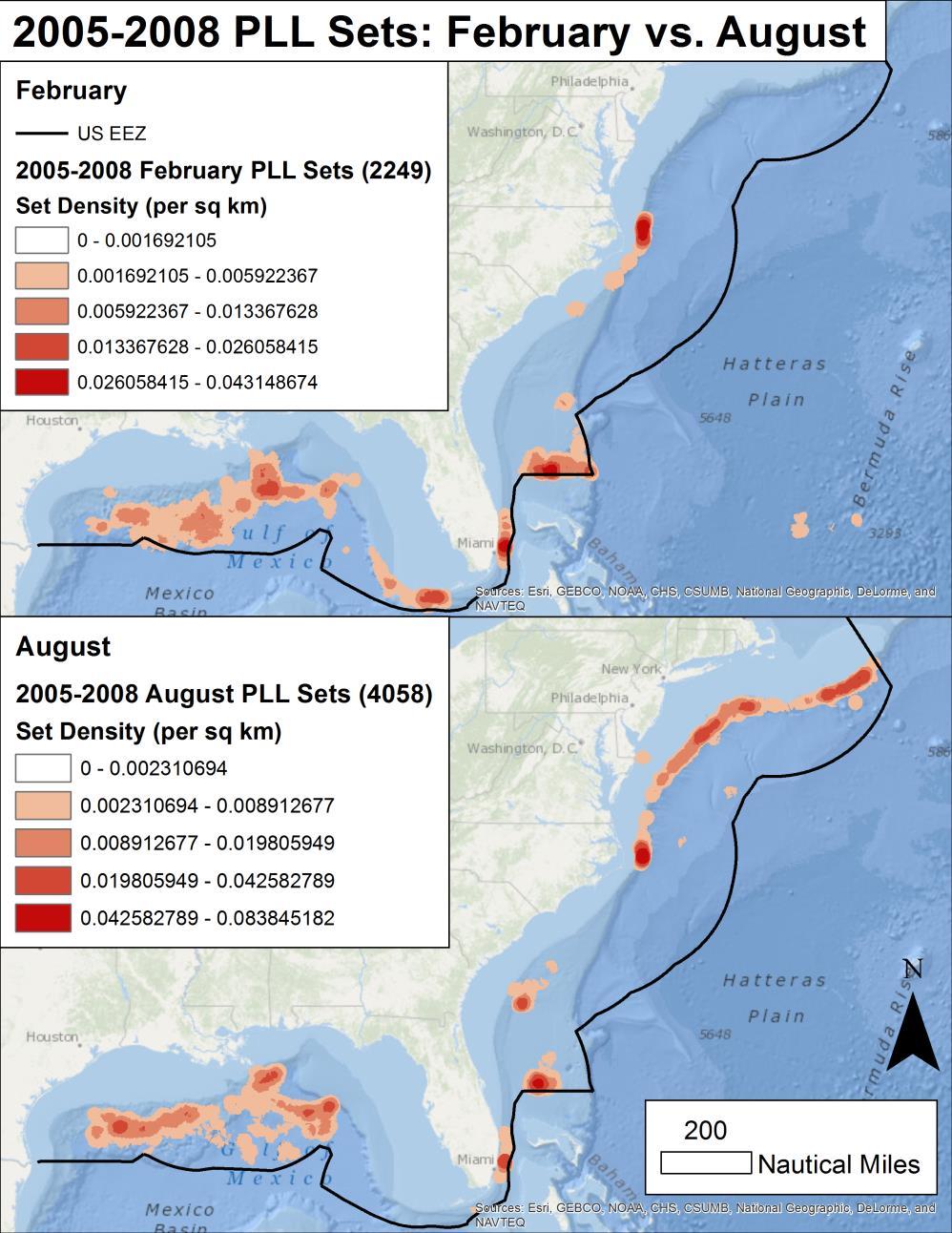Figure 6: Seasonal patterns in Atlantic HMS commercial pelagic longline fishing effort for February and August (2005-2008).