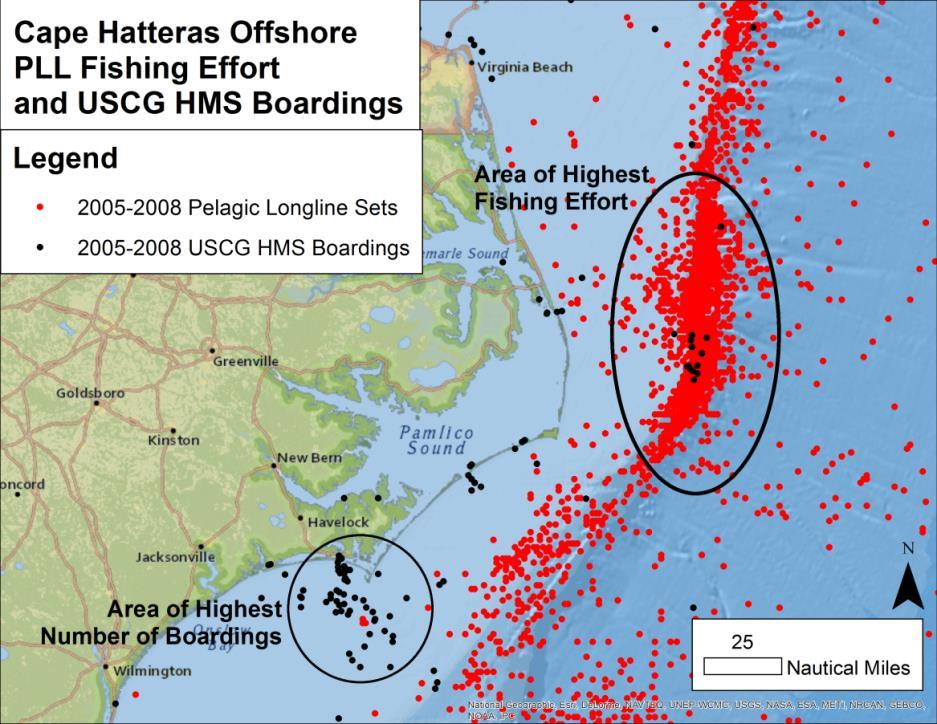 Carolina (HMSD 2006). Off Cape Hatteras, the continental shelf only extends 30 km offshore and the warm Gulf Stream Current mixes with the cold Labrador Current, causing very high productivity.