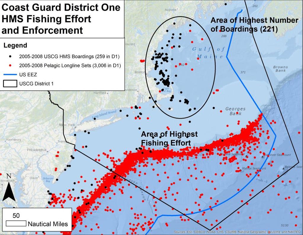 Analysis of the HMS Fishery in Coast Guard District One The Coast Guard s District One is located in New England and contains both George s Bank and the Gulf of Maine, two highly productive HMS