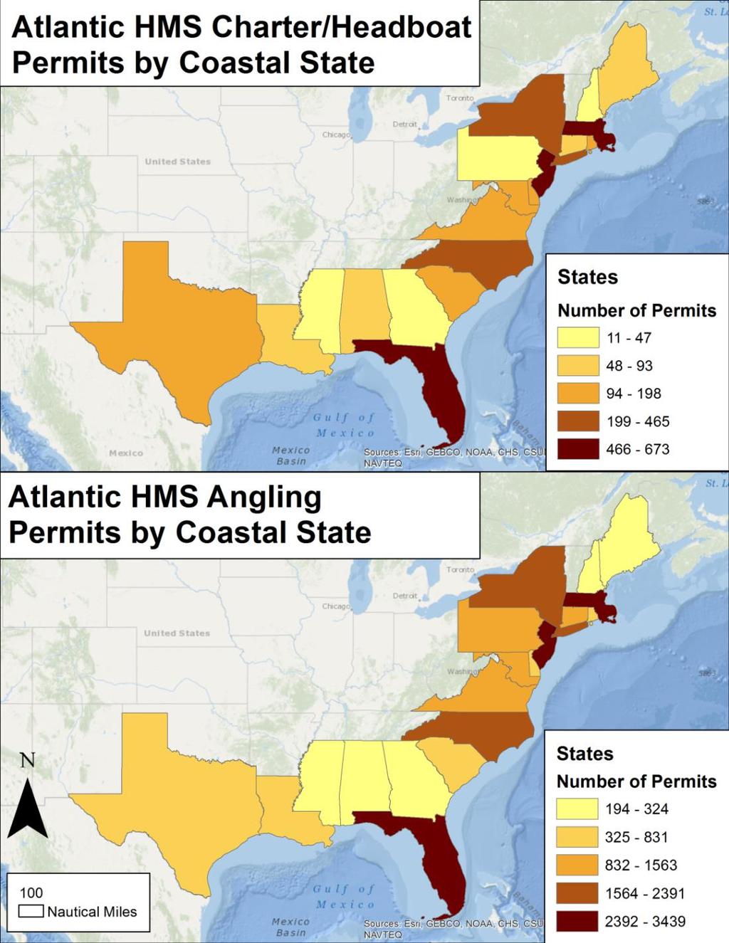 Figure 11: Atlantic HMS Charter/Headboat and Recreational (HMS Angling) permits by state.