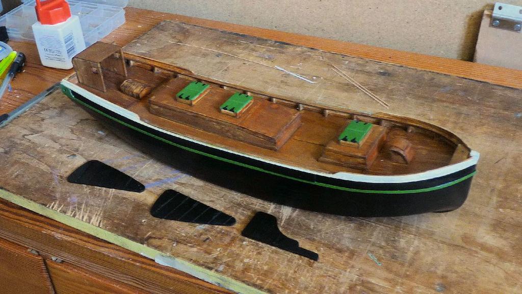 Finally, the bow piece (27), stern post (23) and the two drop-keel supports (25) were added. I did not add the decorative strips (26 & 28) at this stage as I wanted to paint these a different colour.