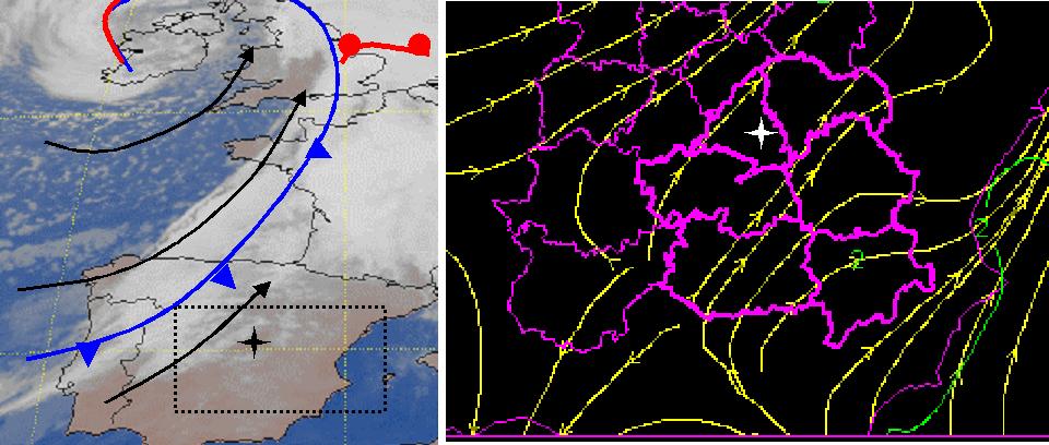 Figure 3. HIRLAM streamlines simulated at 0600 UTC, 14 November 2003. The star marks the location of Madrid Airport, within the region marked with a square in the left panel.