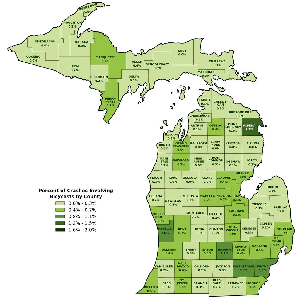 MTCF Michigan Traffic Crash Facts 2017 This map displays shaded categories of bicyclist-involved crashes in each as a percentage of the total crashes for that.