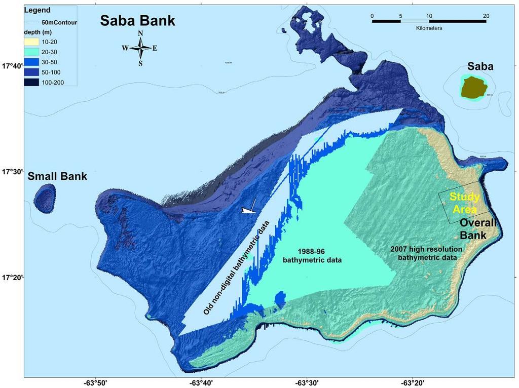 Figure 2. Bathymetric map of Saba Bank. The Saba Bank map was assembled in ArcGIS using available datasets for bathymetry of Saba Bank.