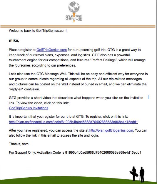 4 The Invitation Following is a sample of the email that an invited player will receive: If you invite golfers to the trip and they register, they can then access the site, edit their profile, use