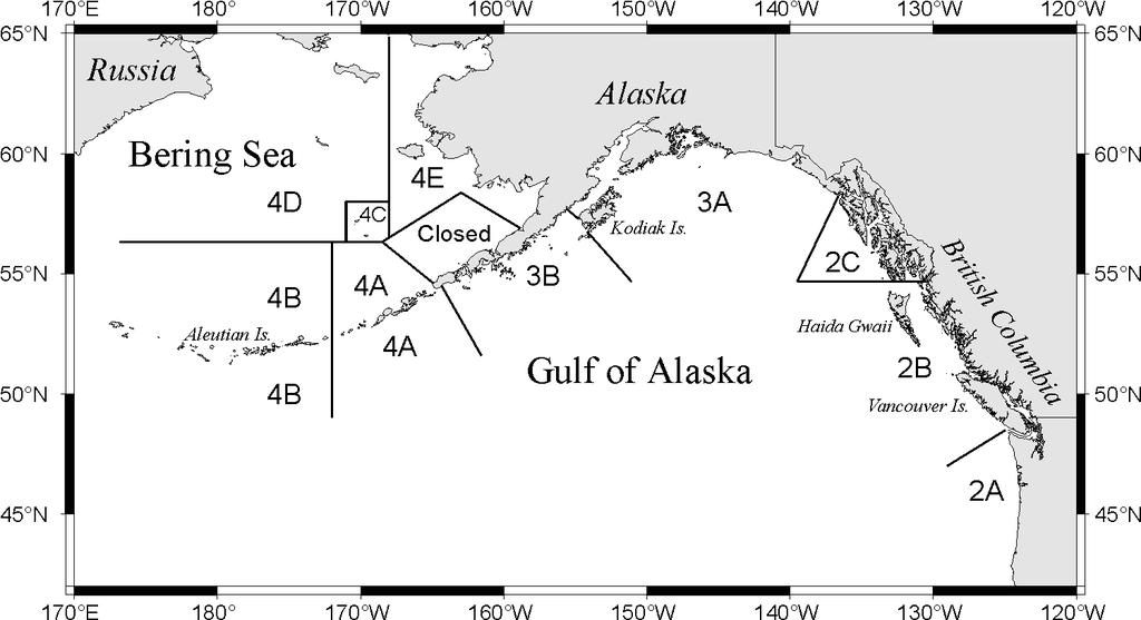 Halibut Management Areas Note: The Area 4CDE accounting area includes IPHC Areas 4C, 4D, 4E, and the Closed Area.