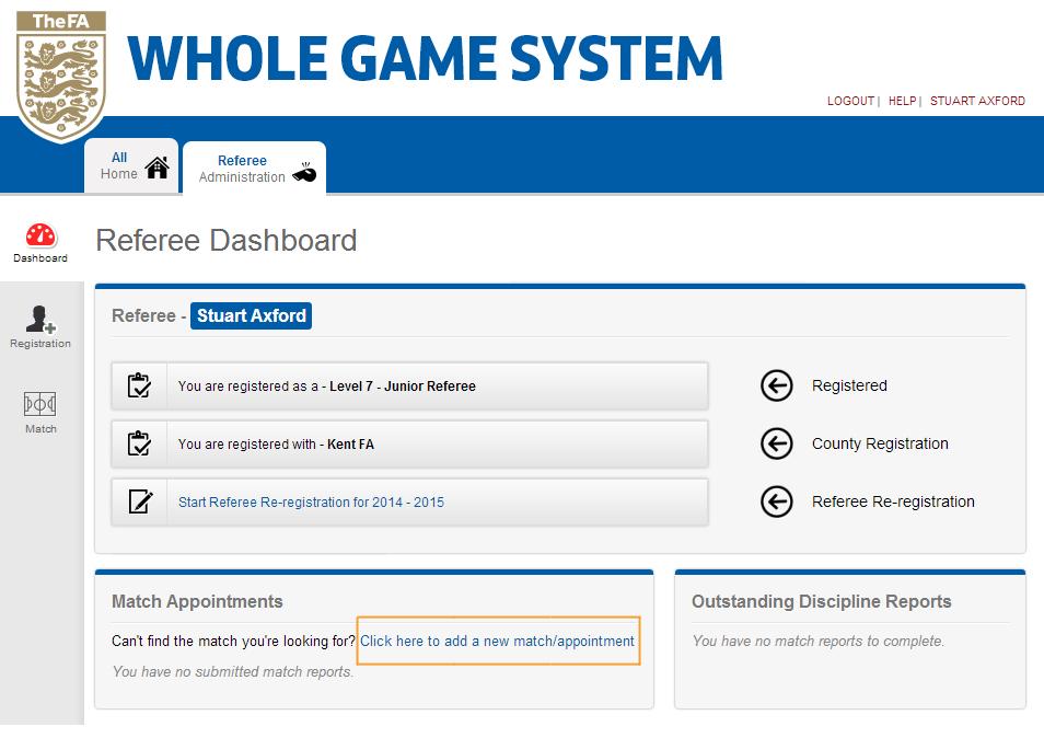 Referee Dashboard The Referee Dashboard will confirm your current Registration Level, the County FA that your current Registration is associated with, and a link to Register for the following season.