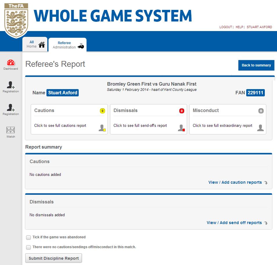 Saving the match details will take you through to the main summary screen of the Referee s Report.