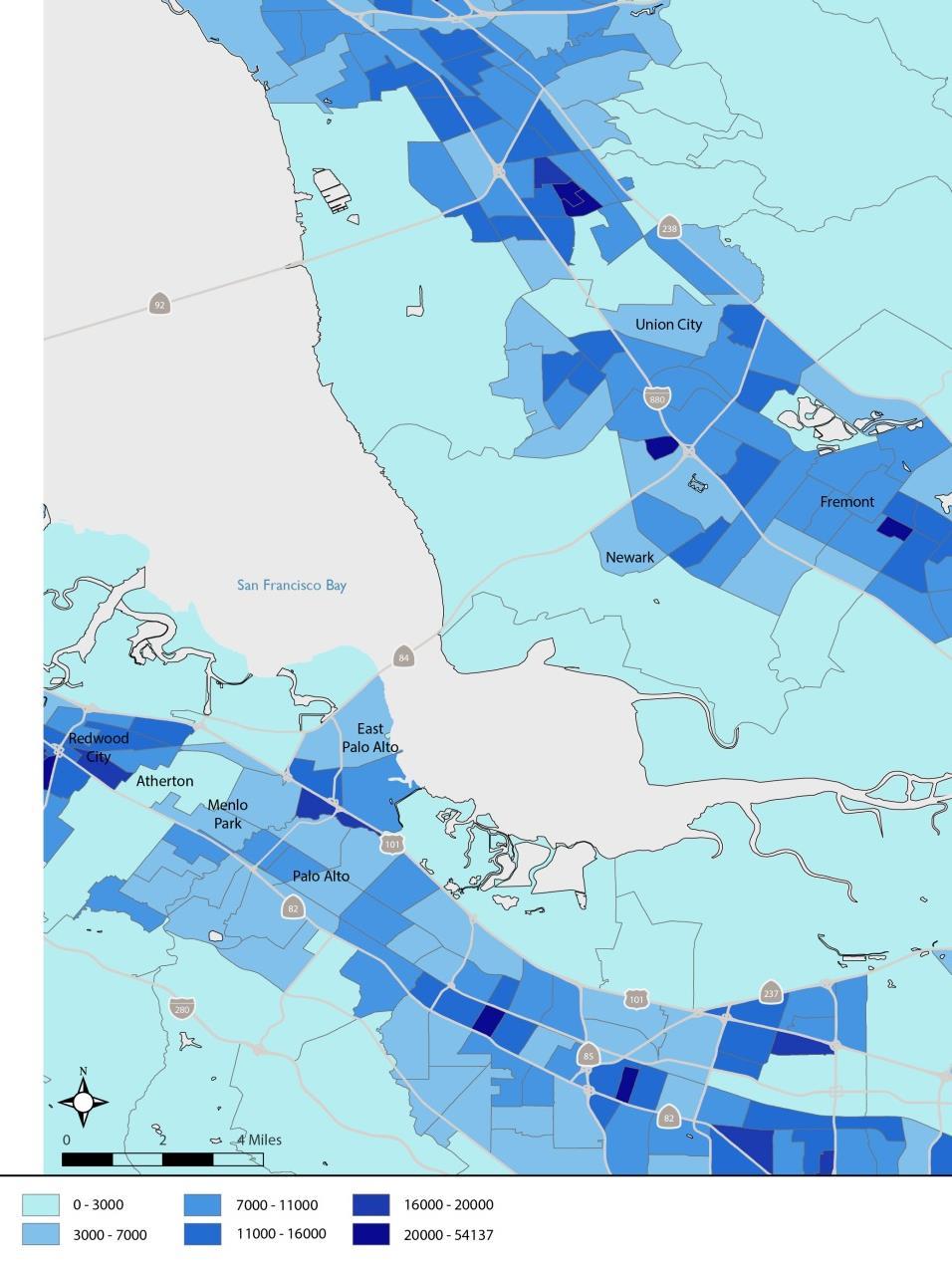 Population Higher density in East Palo Alto, Redwood City, Union City Peninsula study area to