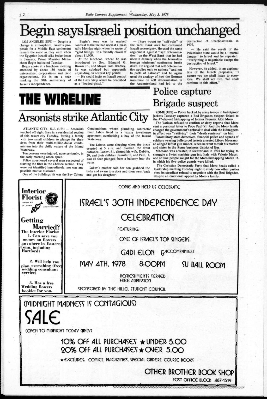 22 Daly Campus Supplement, Wednesday, May 3, 1978 Begn says srael poston unchanged destructon of Czechoslovaka LOS ANGELES (UP) Despte a change n atmosphere.