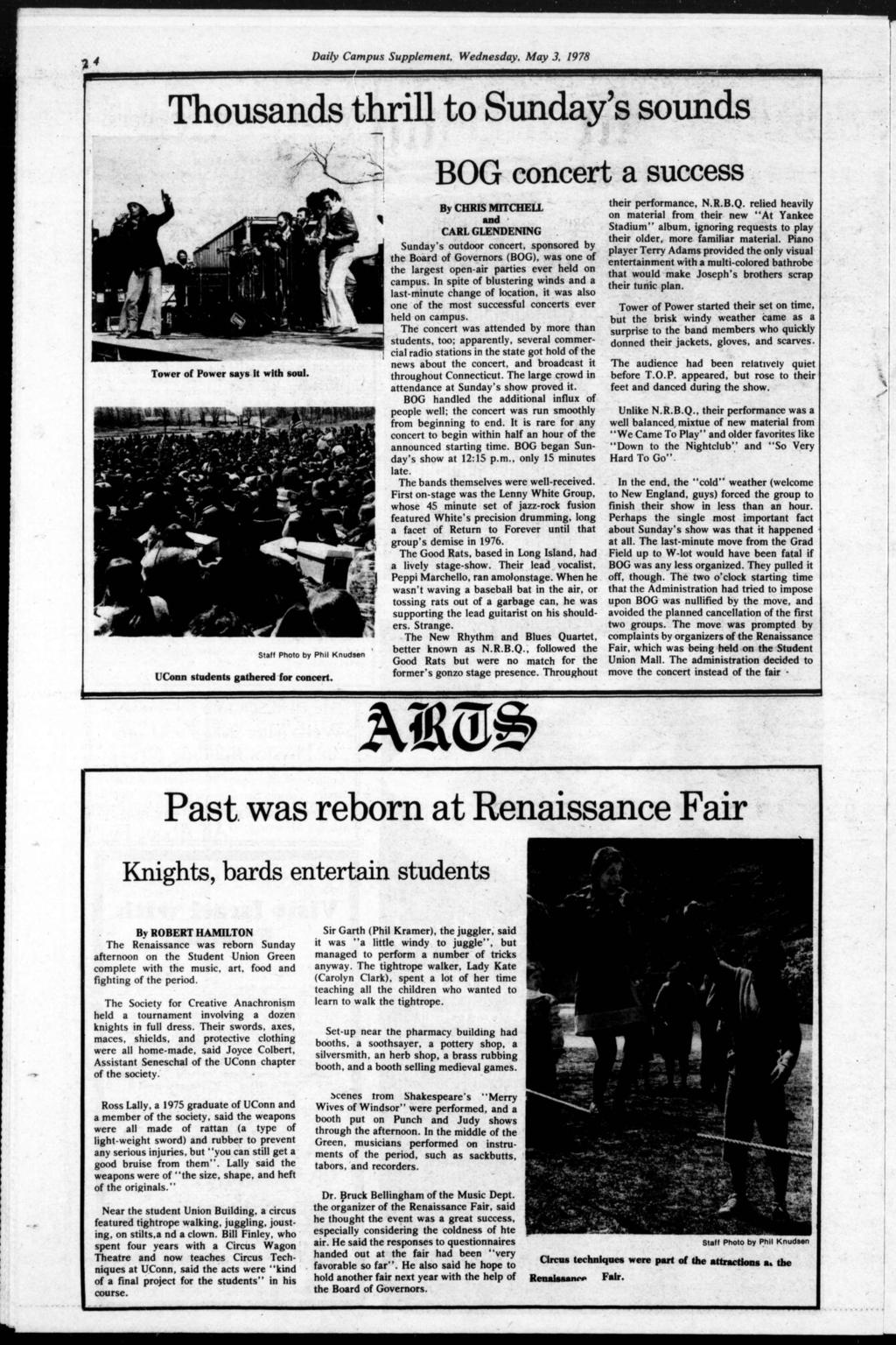 *< Daly Campus Supplement, Wednesday. May 3, 1978 Thousands thrll to Sunday's sounds m Tower of Power says t wth soul. 'Conn students gathered for concert.