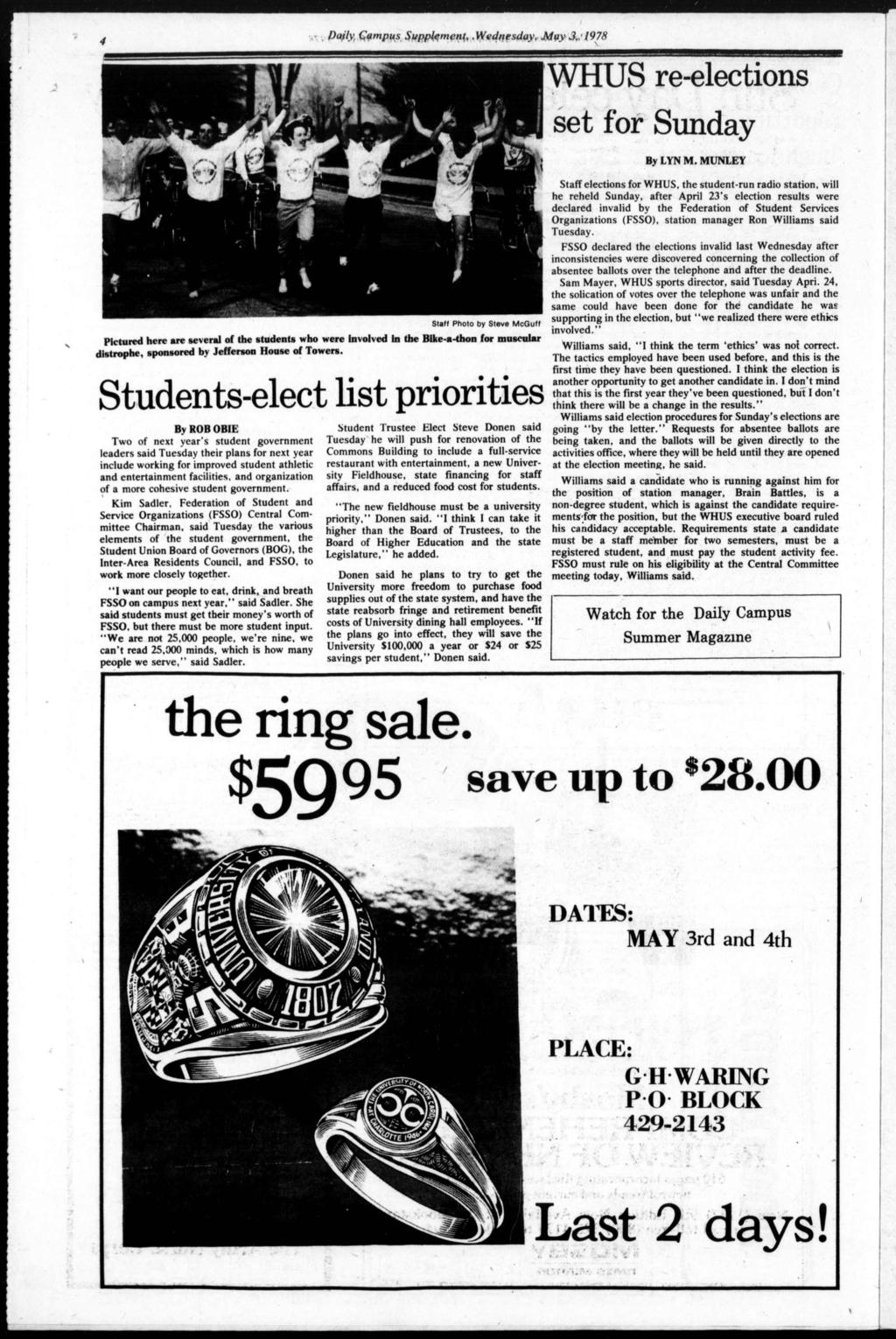 Daly, Campus Supplement,.Wednesday. May 3,: 1978 WHUS re-electons set for Sunday By LYN M.