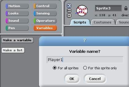 Setting up the score board part 1 1. You need to create variables for each player. 2. Select the ball (sprite3).