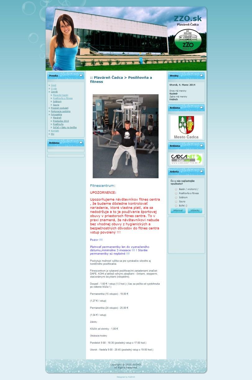 Webová stránka fitness centra Fitcentrum Plaváreň ako súčasť webu mestskej plavárne Zdroj: ZZO, 2014,