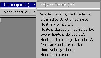 Heat transfer agents - (HTA) VisiMix performs heat transfer calculations in heat transfer devices for two kinds of HTA - liquid agents (LA) and condensing steam or organic vapors (VA).