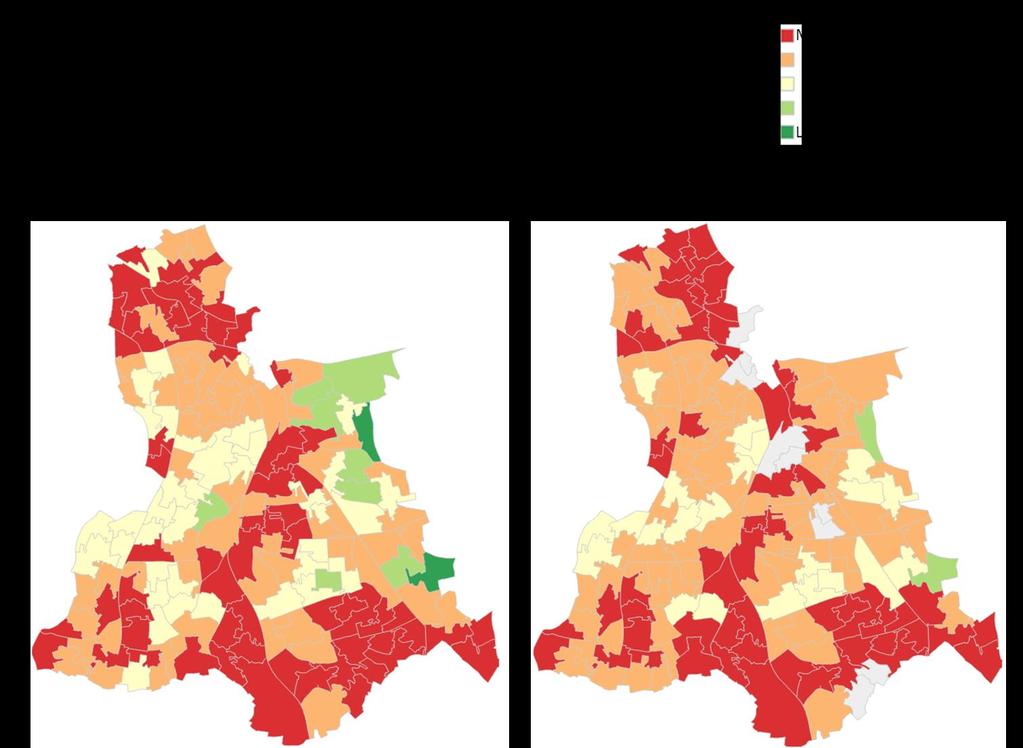 The map breaks down urban deprivation into lower geographies.