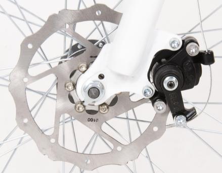 Insert the front wheel into the fork dropouts ensuring that the disc fits into the brake mechanism between the enclosed brake pads.