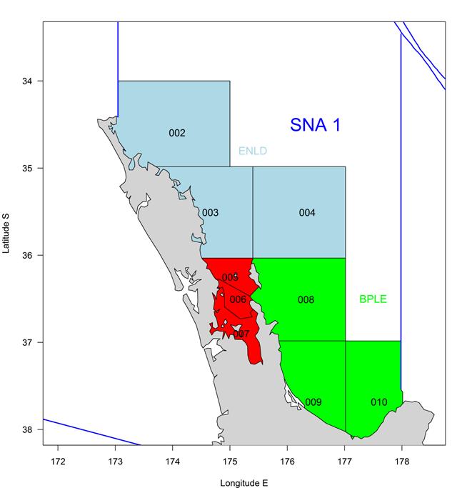 Figure 1: Map of SNA 1 fishery areas defined based on Statistical Areas. The area of the Hauraki Gulf fishery is shaded in red.