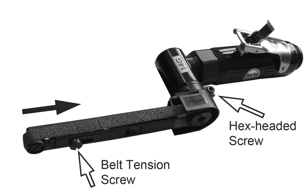 . The belt should be correctly tracked. 2. To adjust the handle position, slacken the hex headed screw, rotate the handle to the required position, then secure by re-tightening the hex screw. 3.