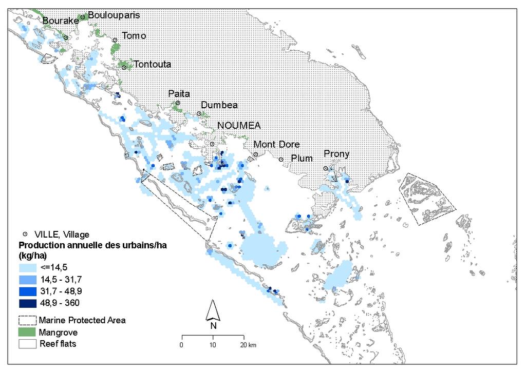 Spatial distribution of total catches : urban fishers Annual catches for urban : kg/ha A global coverage of the whole lagoon = boats characteristics Important catches within 10 to 15km from Noumea