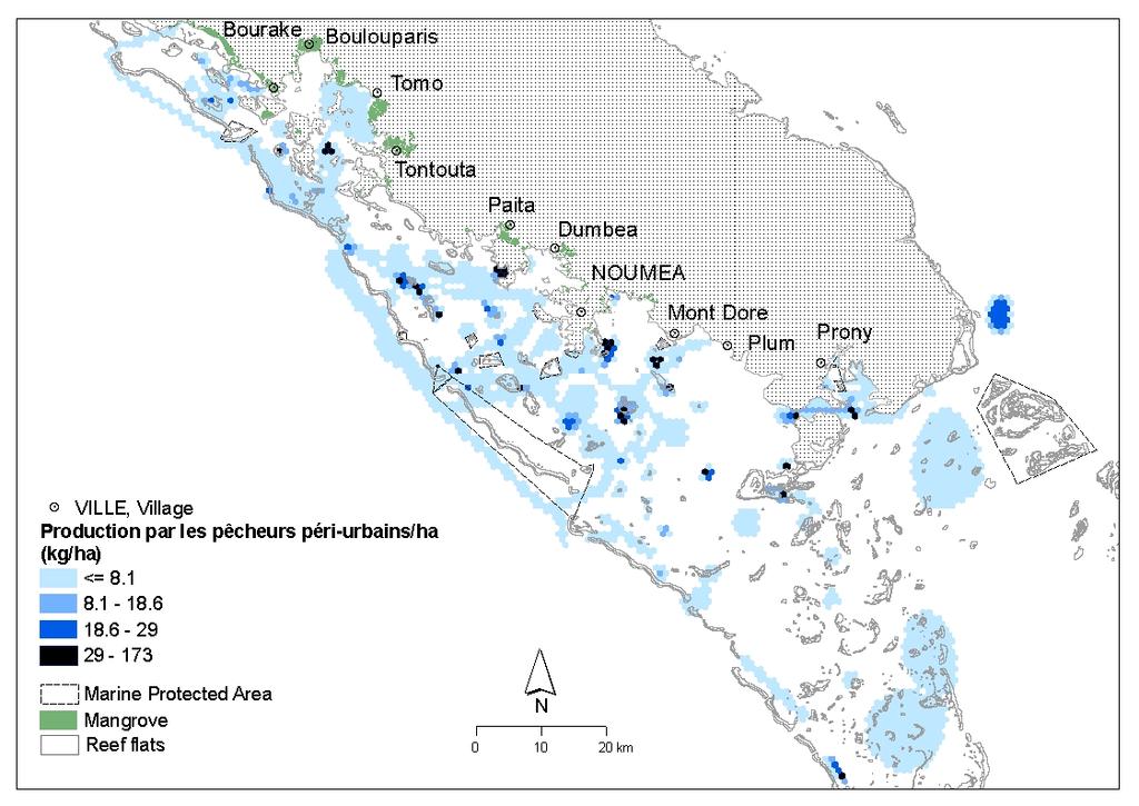 Spatial distribution of total catches : periurban fishers a wider coverage than the urban Important catches on intermediate reefs and the barrier Important