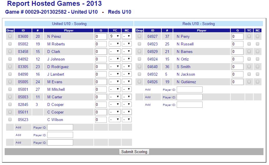 For (U14-U17) games, additional details shall be provided by clicking the Add/Edit Events link o Goals (G), Cautions (YC) and Ejections (RC) can be recorded o Players crossed off the Game Sheet can