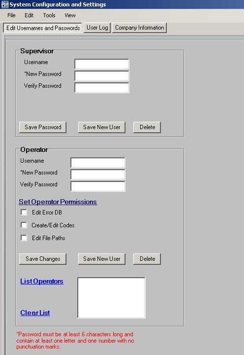 Fig 19: User Information Edit usernames and passwords: The Galiso install technician must first login as a supervisor, in order to set up a supervisor password for the customer.