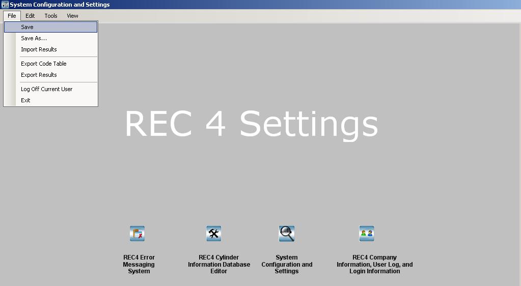 Fig 2: REC 4 Settings menu tab options Supervisor logins go directly to this screen. 1.