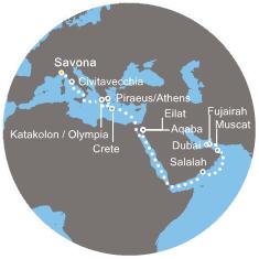 Costa MEDITERRANEA IZ SAVONE DO DUBAJA (Italija, Grčija, Jordanija, Izrael, Oman, Združeni Arabski Emirati) Produkt: COSTA Mediterranea ODHODI: 02.12.