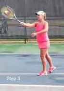 Her racket is in the volley position and her feet are angled toward the path of the incoming ball.